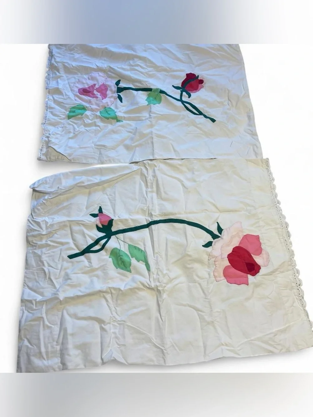 Floral Appliqué Pillowcases - Pink Rose Motif set of 2